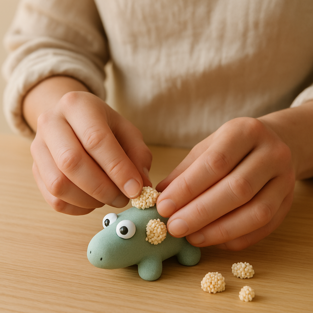 Adult hands press small beige Playfoam balls onto a green Playfoam creature's back, creating spots for a Playfoam Sculpted Creatures tutorial.