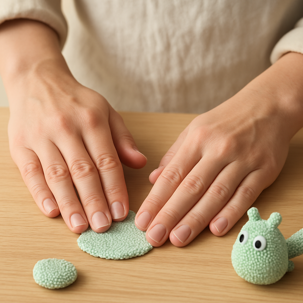 Adult hands flatten a sage Playfoam ball into a thin circle on a pale wood table, creating a wing for a Playfoam creature.