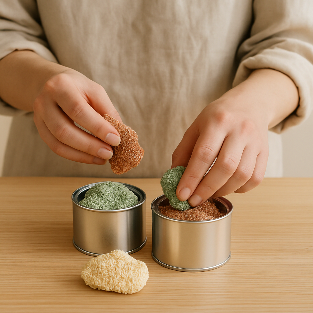 Adult hands select brown, green, and beige Playfoam from two metal cans on a light oak table, choosing colors for sculpted creatures.