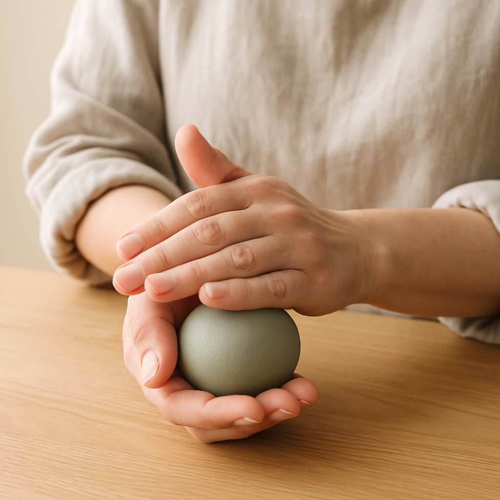 Adult hands warm a muted green ball of Playfoam on a pale oak table, preparing it for Playfoam Sculpted Creatures.