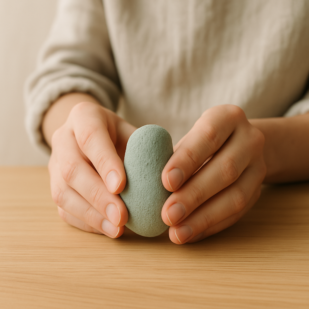 Adult hands gently shape green Playfoam into an elongated oval body for a sculpted creature on a pale wood table.