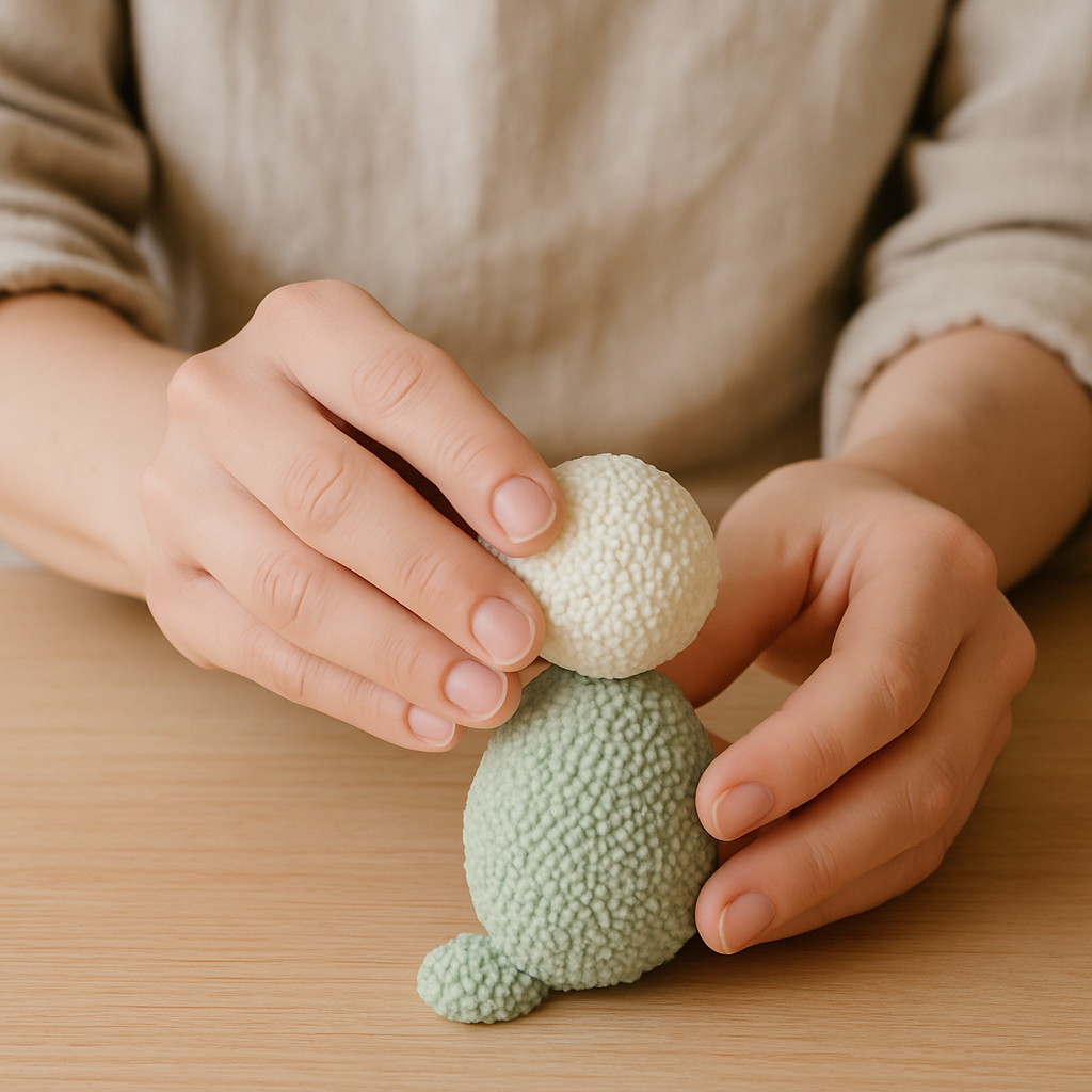 Adult hands gently press a white Playfoam sphere head onto a green Playfoam oval body, creating a sculpted creature on a pale oak table.