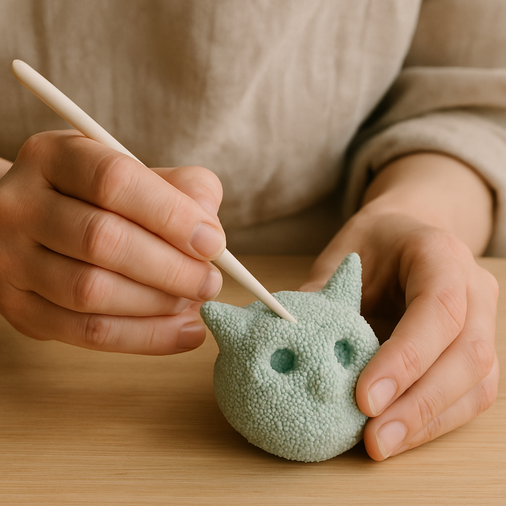 Adult hands use a sculpting tool to press the second eye socket into a green Playfoam creature head on a pale wood table.