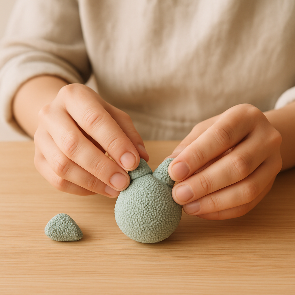 Hands attach a triangular Playfoam ear to a sculpted creature's head. Another shaped ear rests on a pale wood table.