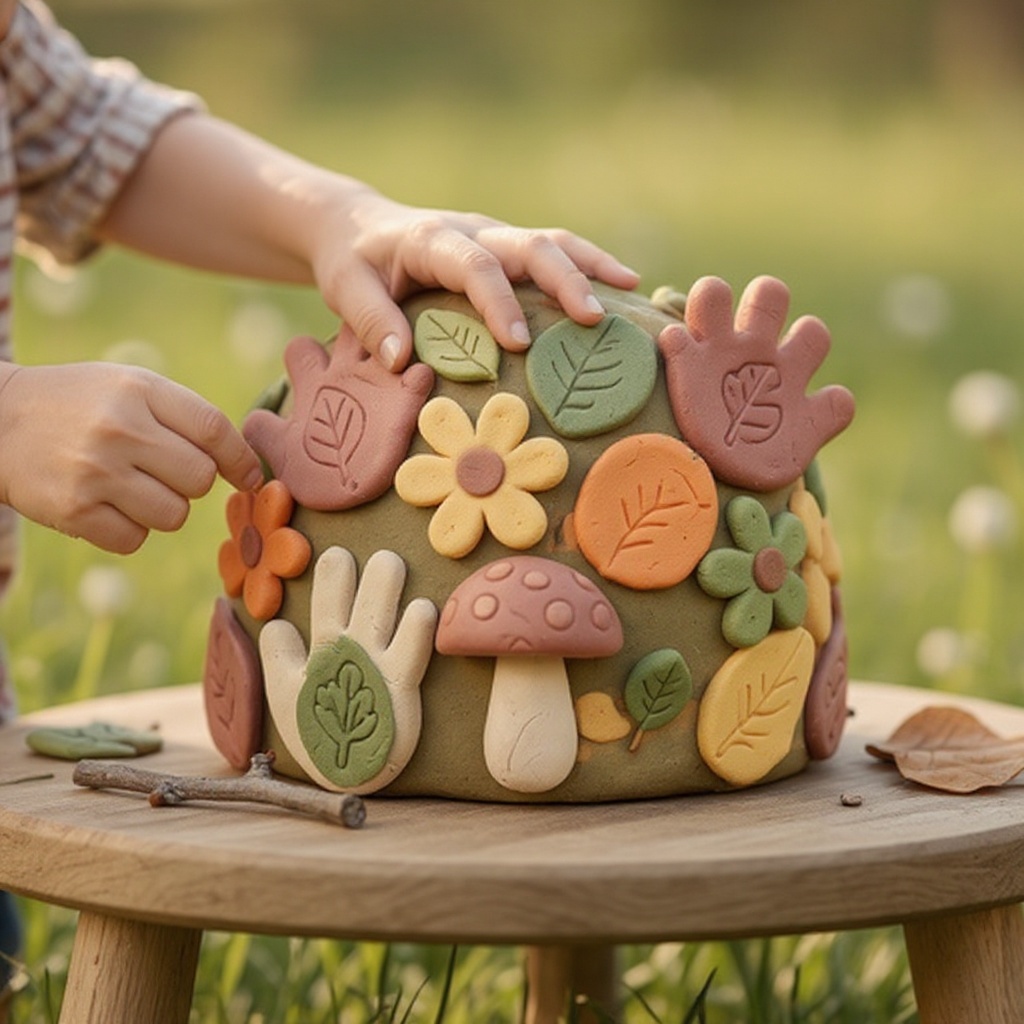 Step 8: Help your child press the natural items into the playdough to create patterns, t