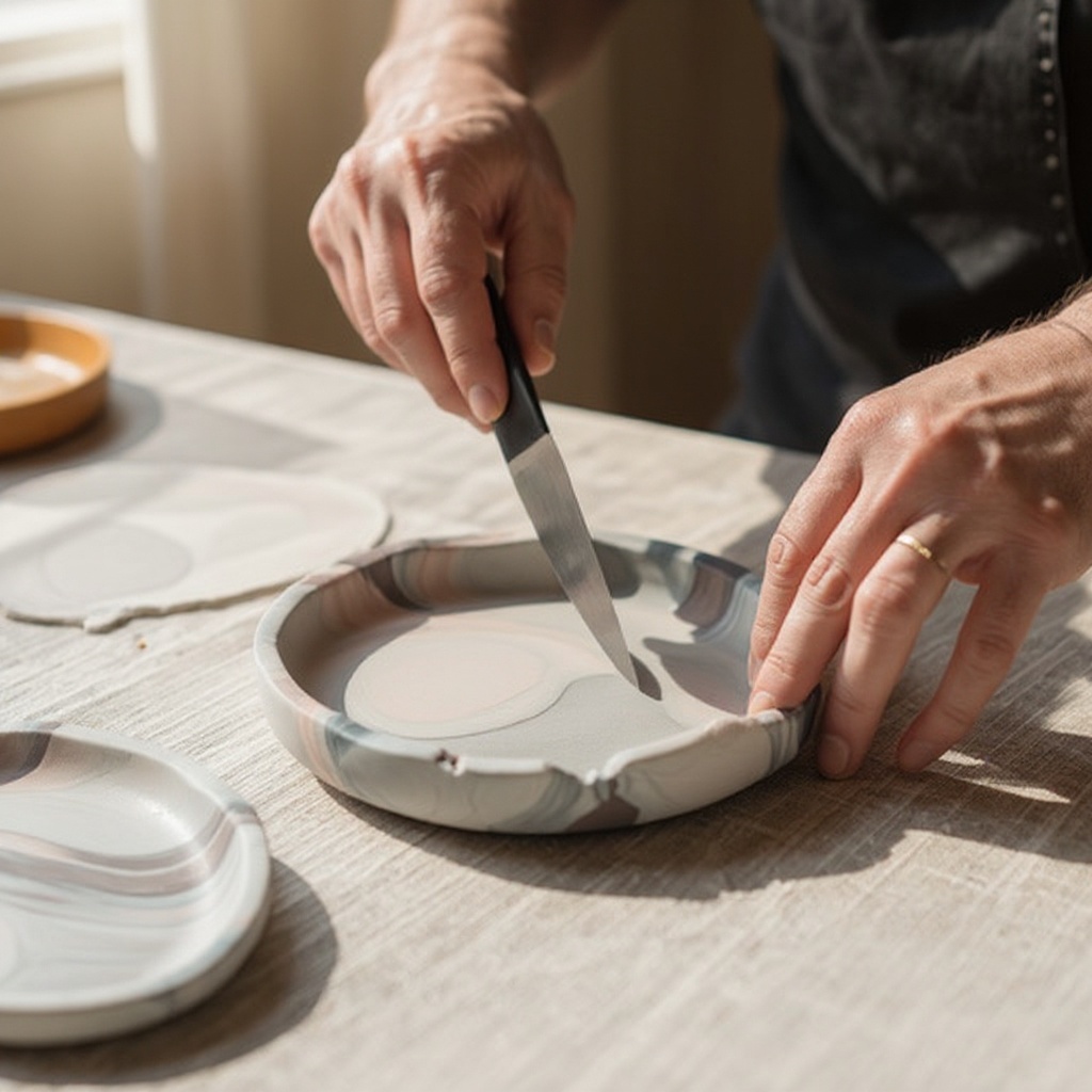 Step 6: Trim any excess clay from the rim of the dish using your craft knife. Hold the k