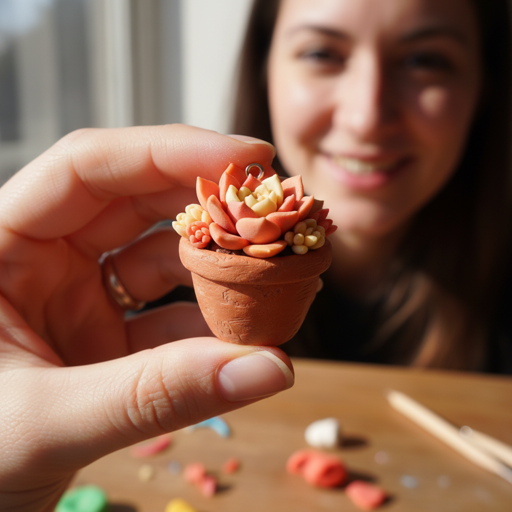 Polymer Clay Tiny Succulent Plant Charms held in hand