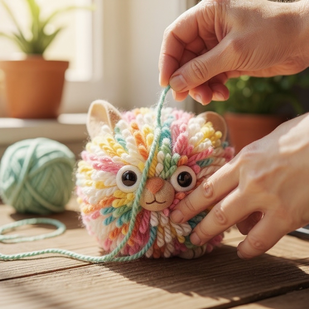 Step 4: **Release and Cut the Yarn Loops:** If using a pom pom maker, close the arms sec