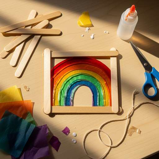 Multiple Popsicle Stick Rainbow Sun Catchers crafts from above