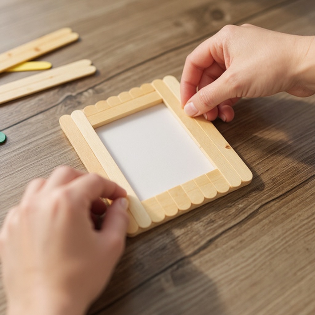 Step 1: Lay four popsicle sticks flat on your work surface to form a square or rectangle