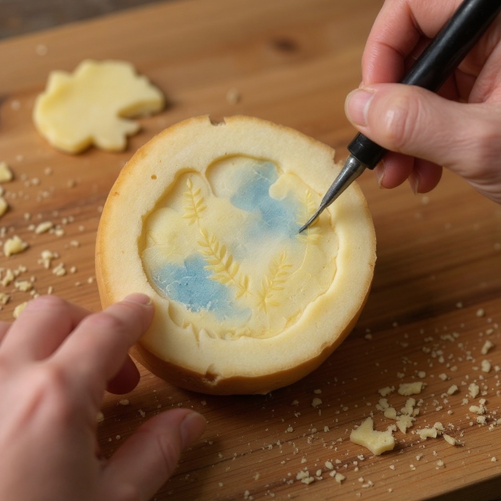 Step 6: Carefully begin carving away the potato flesh around your drawn design or freeha
