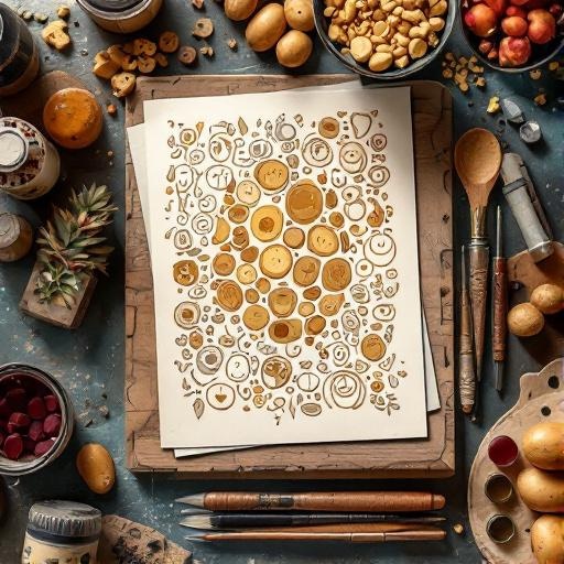Multiple Potato Stamp Art crafts from above