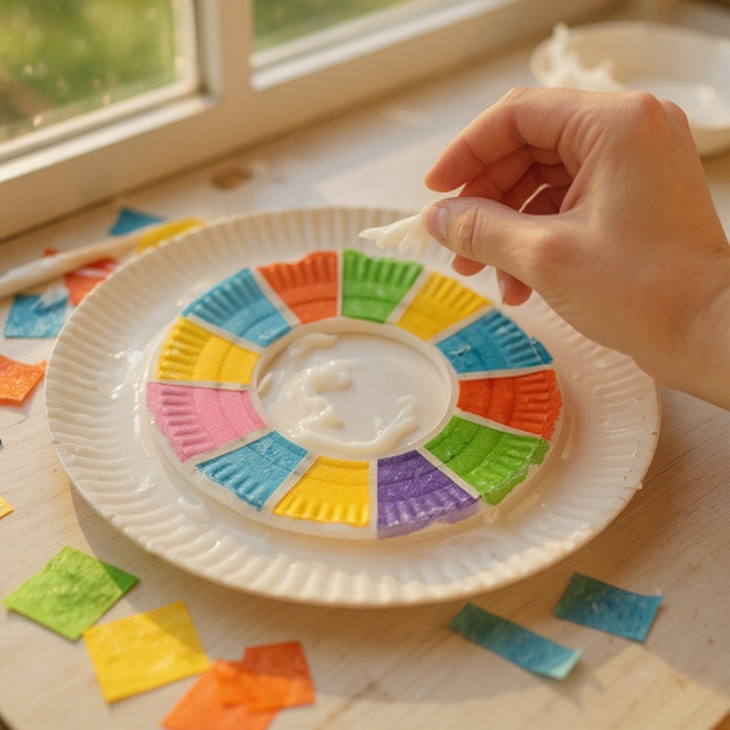 Step 5: Begin sticking the tissue paper squares or strips onto the glued area, overlappi