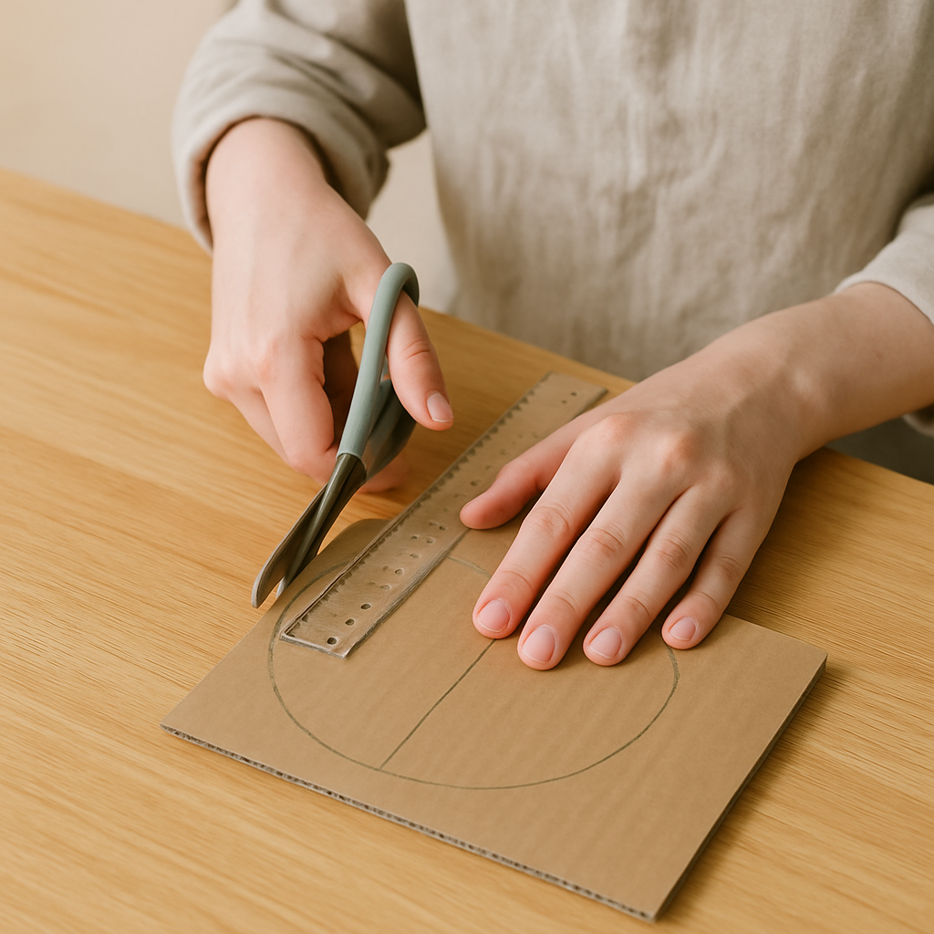 Adult hands in an apron cut a 15 cm cardboard circle with scissors and a ruler on an oak table for Cardboard Kitchen Creations.