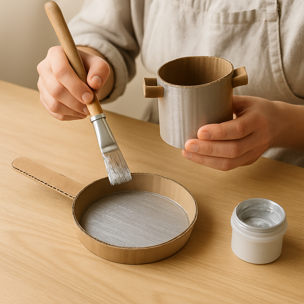 Adult hands paint a cardboard frying pan with silver acrylic paint using a brush. Another hand holds a cardboard pot, both for Cardboard Kitchen Creations.