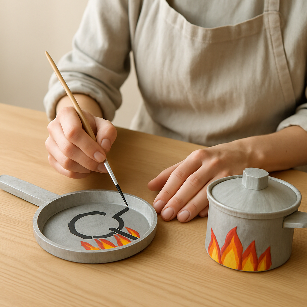 Adult hands paint black burner marks on a silver cardboard frying pan. Red and yellow flames adorn the pan and a matching pot for Cardboard Kitchen Creations.