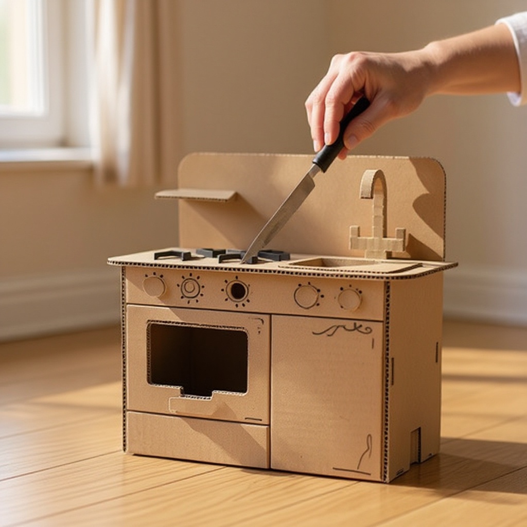 Step 3: Cut a large opening on the front of one of the large boxes to create the oven do
