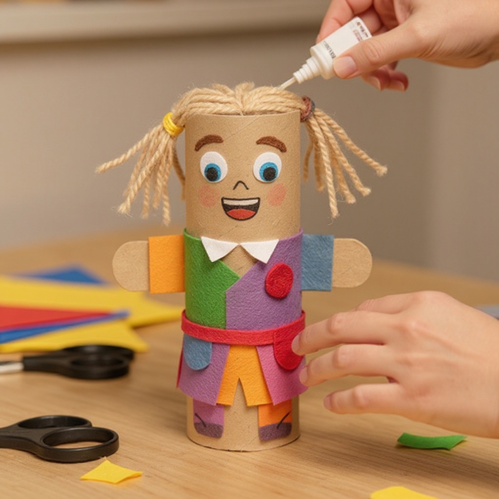 Step 4: Glue the construction paper shapes onto the tubes to create hair, hats, or outfi