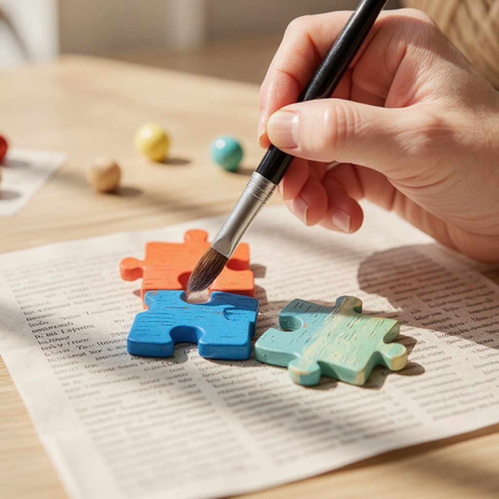 Step 4: Paint the front of each puzzle piece with your chosen acrylic colors. Apply a th