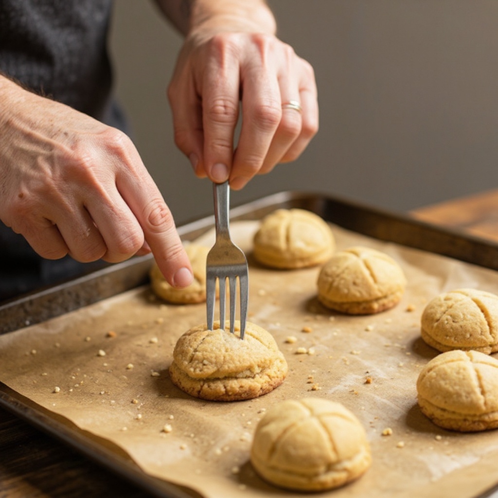 Step 5: Using a fork, gently press down on each cookie ball to flatten it slightly and c