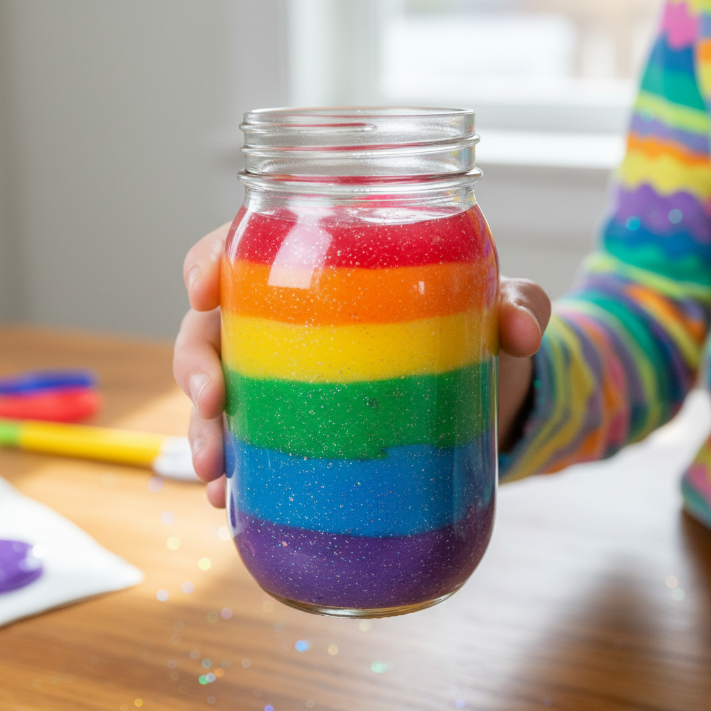 Rainbow Layered Slime Jar held in hand