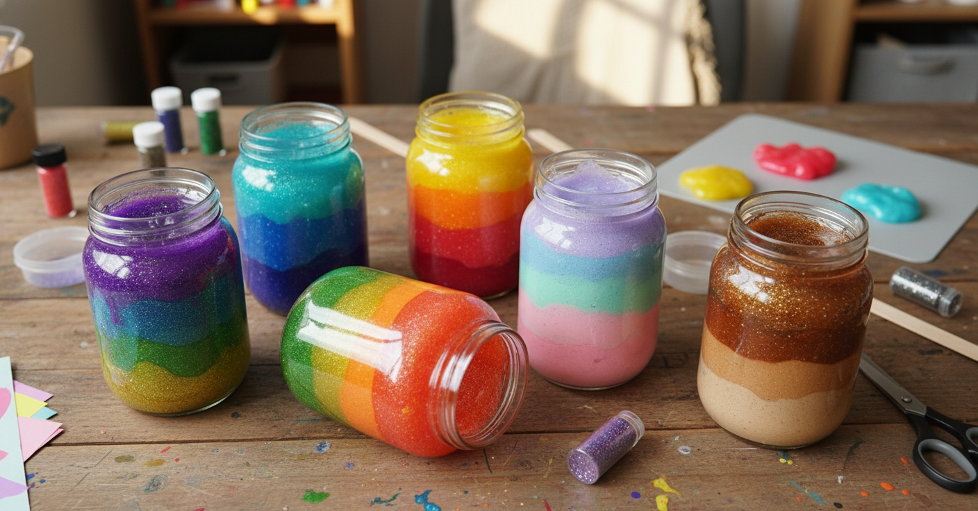 Multiple Rainbow Layered Slime Jar crafts from above