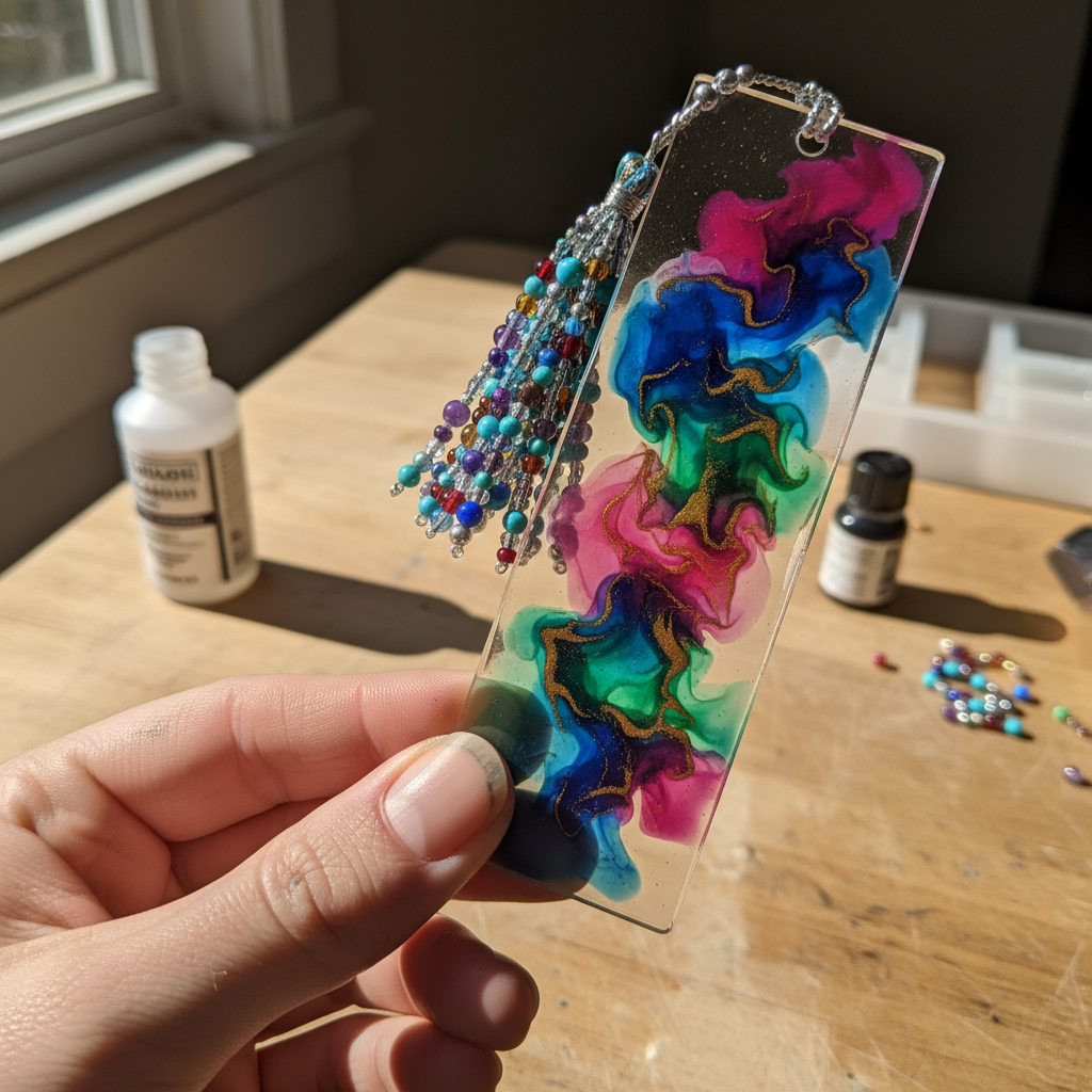 Resin Bookmark with Alcohol Ink Swirls held in hand
