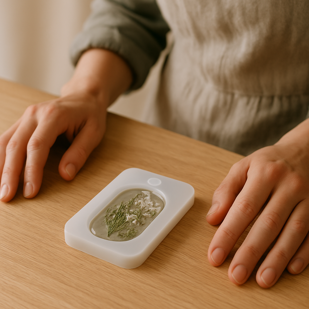 A rectangular silicone mold, filled with resin and dried botanicals, rests undisturbed on a pale oak table, curing into a pendant.