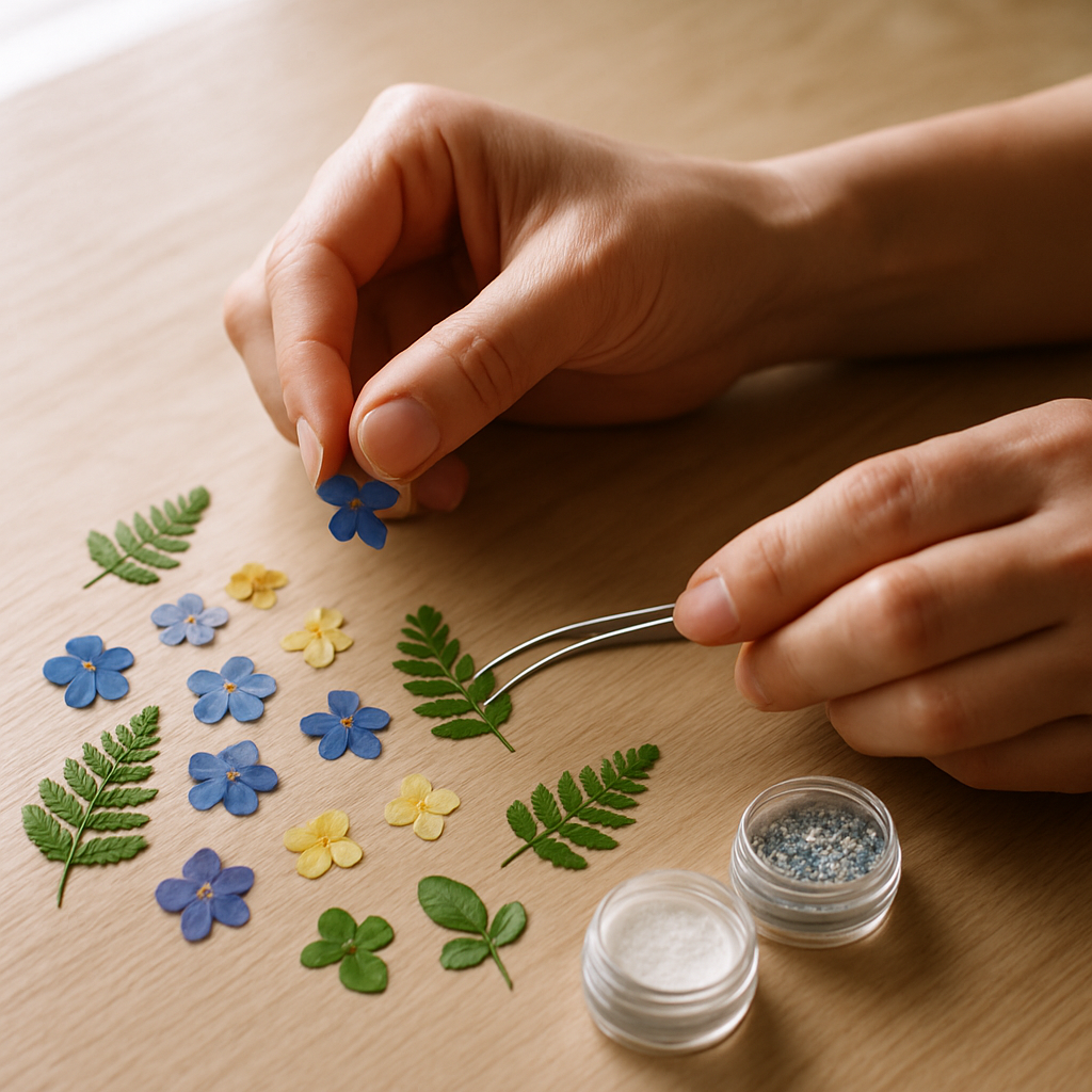 Step 2: **2. Gather Your Embellishments:** Select your dried botanicals, glitter, and mi