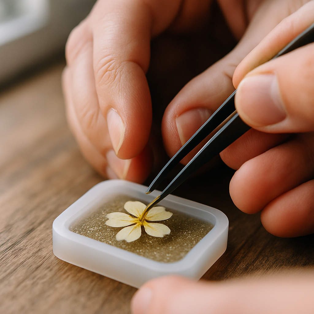 Step 8: **8. Embed Your Botanicals:** Using craft tweezers, carefully place your dried b