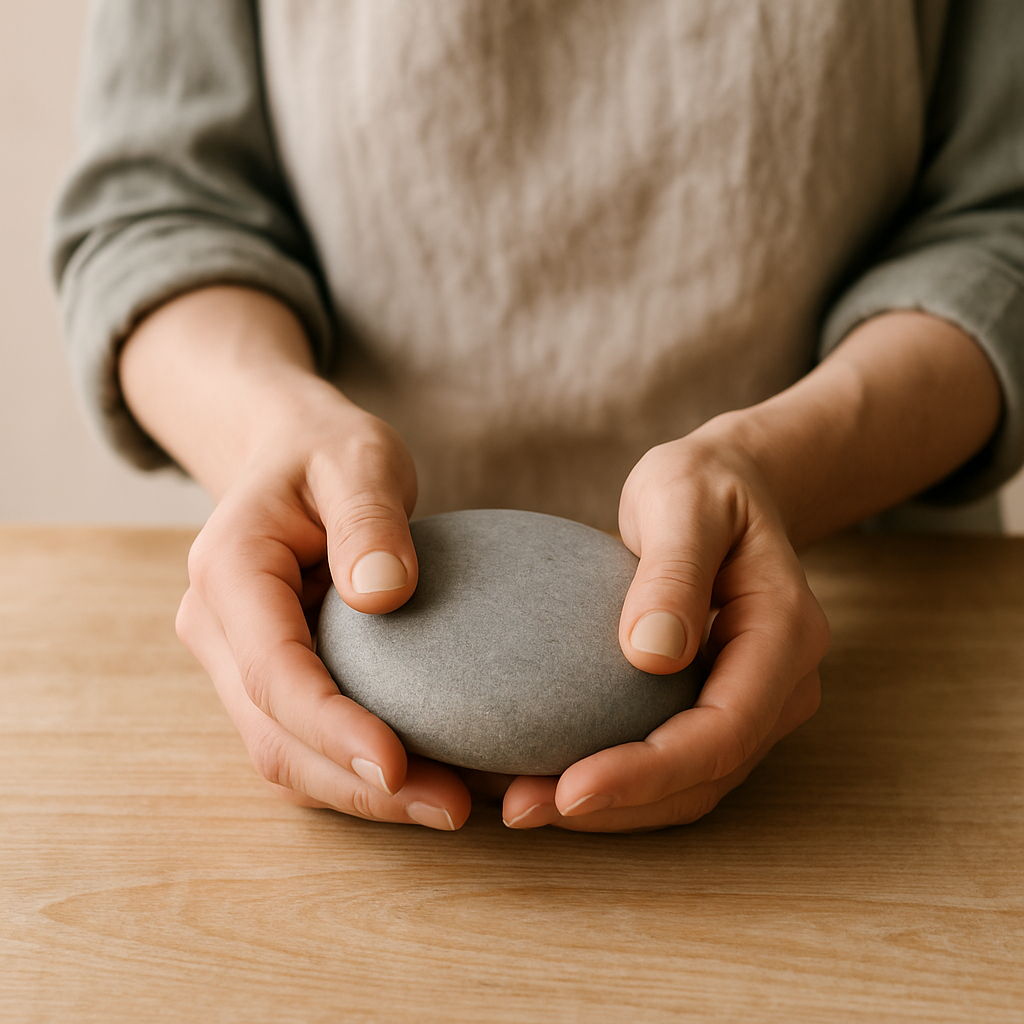 Adult hands gently hold a smooth, flat gray rock over a pale oak table, preparing it for Zen Mandala Stone Art.