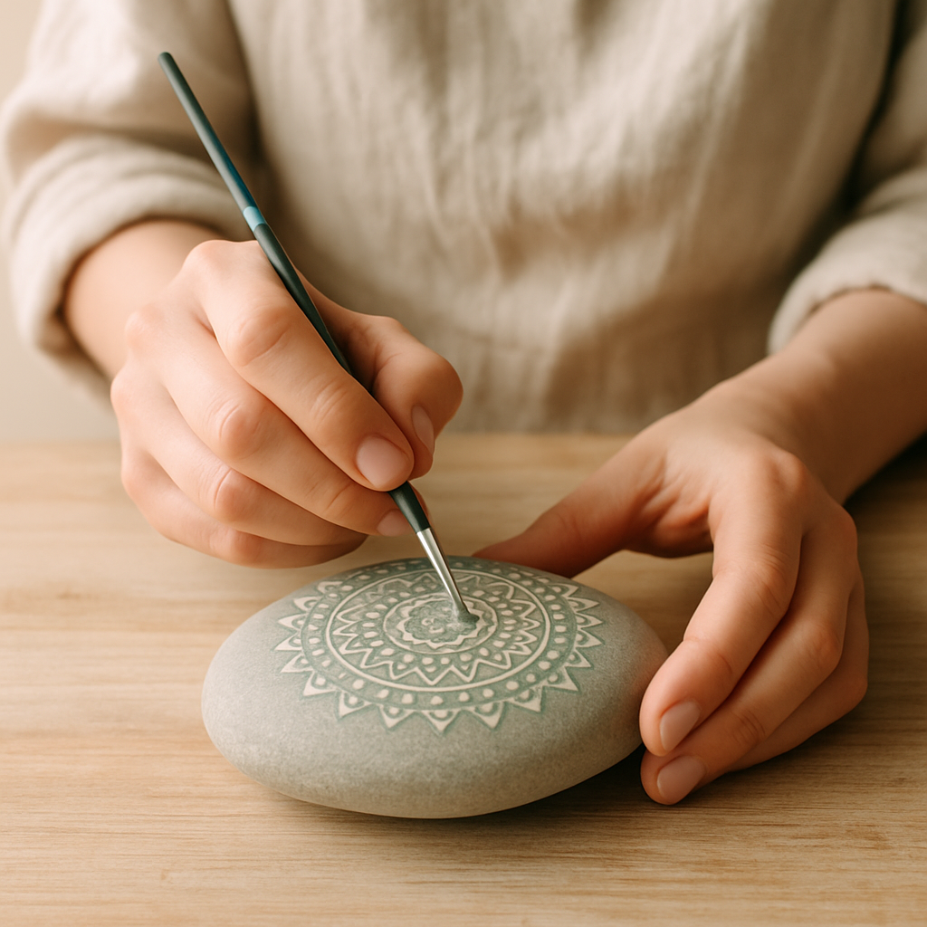 Adult hands carefully apply paint with a fine brush to refine a white Zen Mandala Stone Art design on a grey rock.