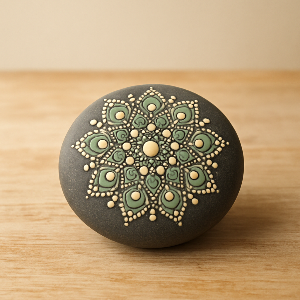 A dark grey Zen Mandala Stone Art piece, painted with green and cream dots, sits undisturbed on a pale oak table, curing.
