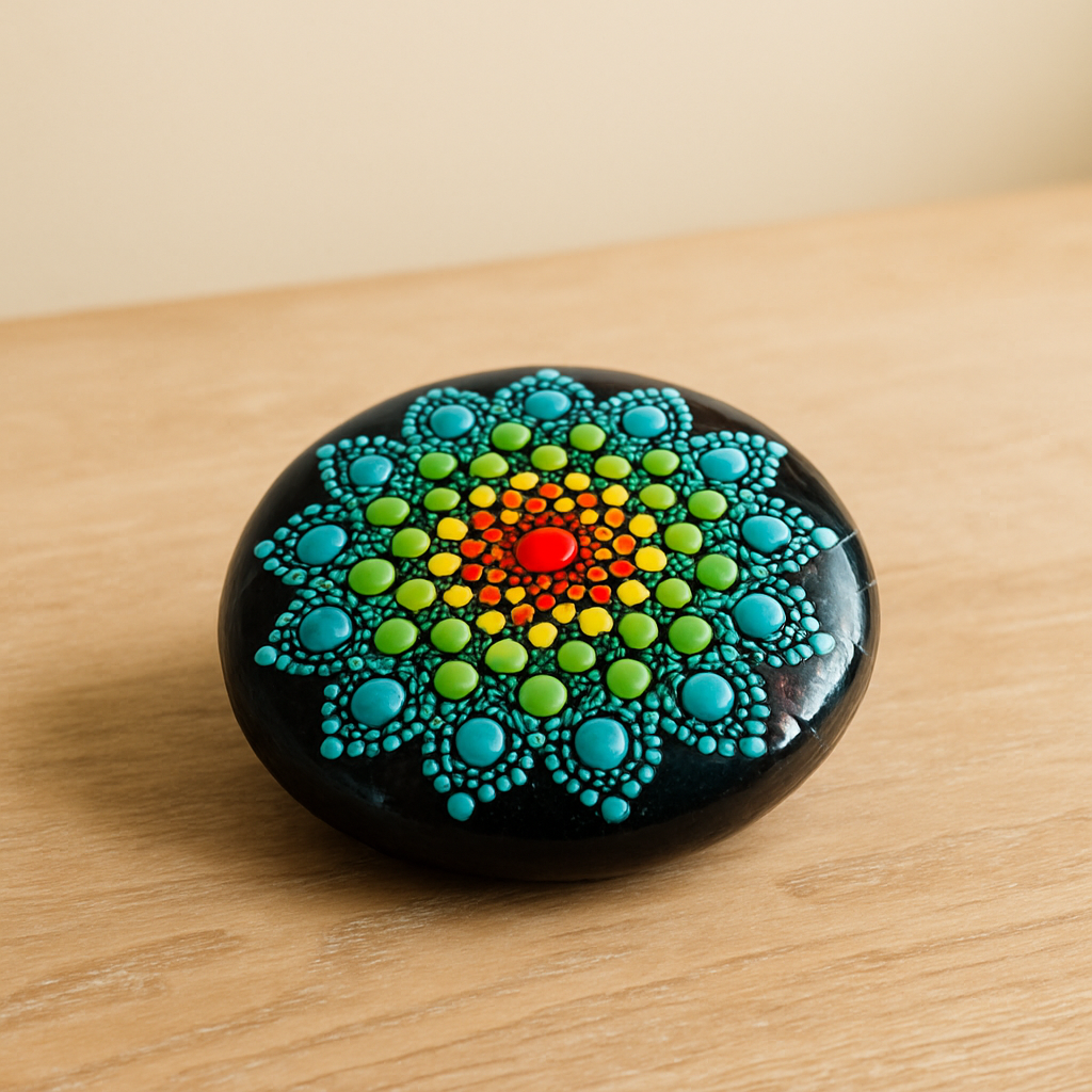 A finished Zen Mandala Stone Art piece, painted with vibrant dots, sits on a pale oak table, its glossy surface showing the protective sealant.