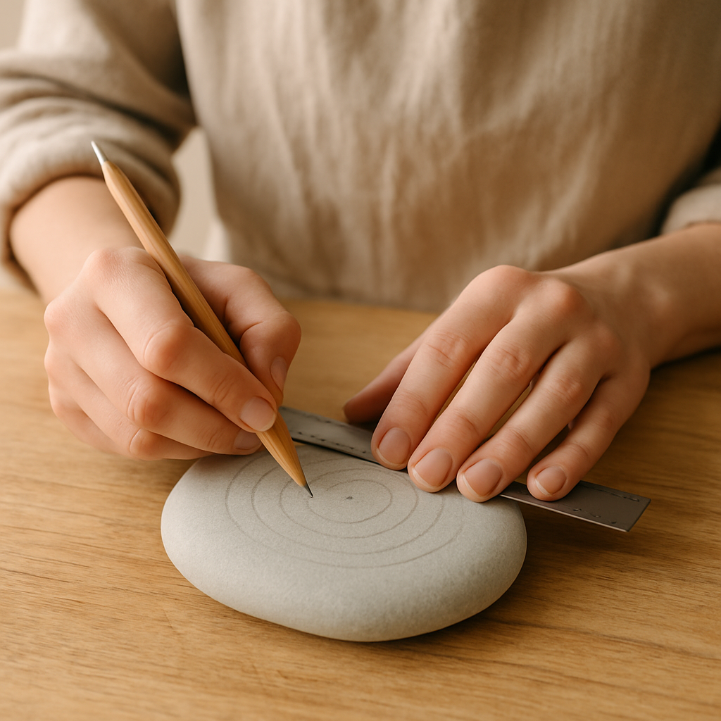 Adult hands sketching concentric circles with a pencil and ruler on a smooth gray rock for Zen Mandala Stone Art.