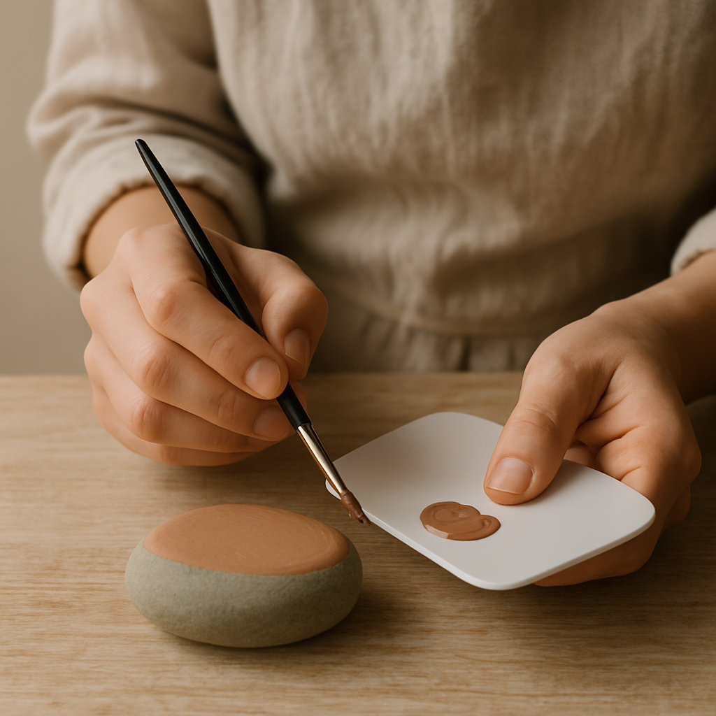 Adult hands hold a fine brush with muted clay acrylic paint from a palette, poised to apply a base coat to a smooth, flat Zen Mandala stone.