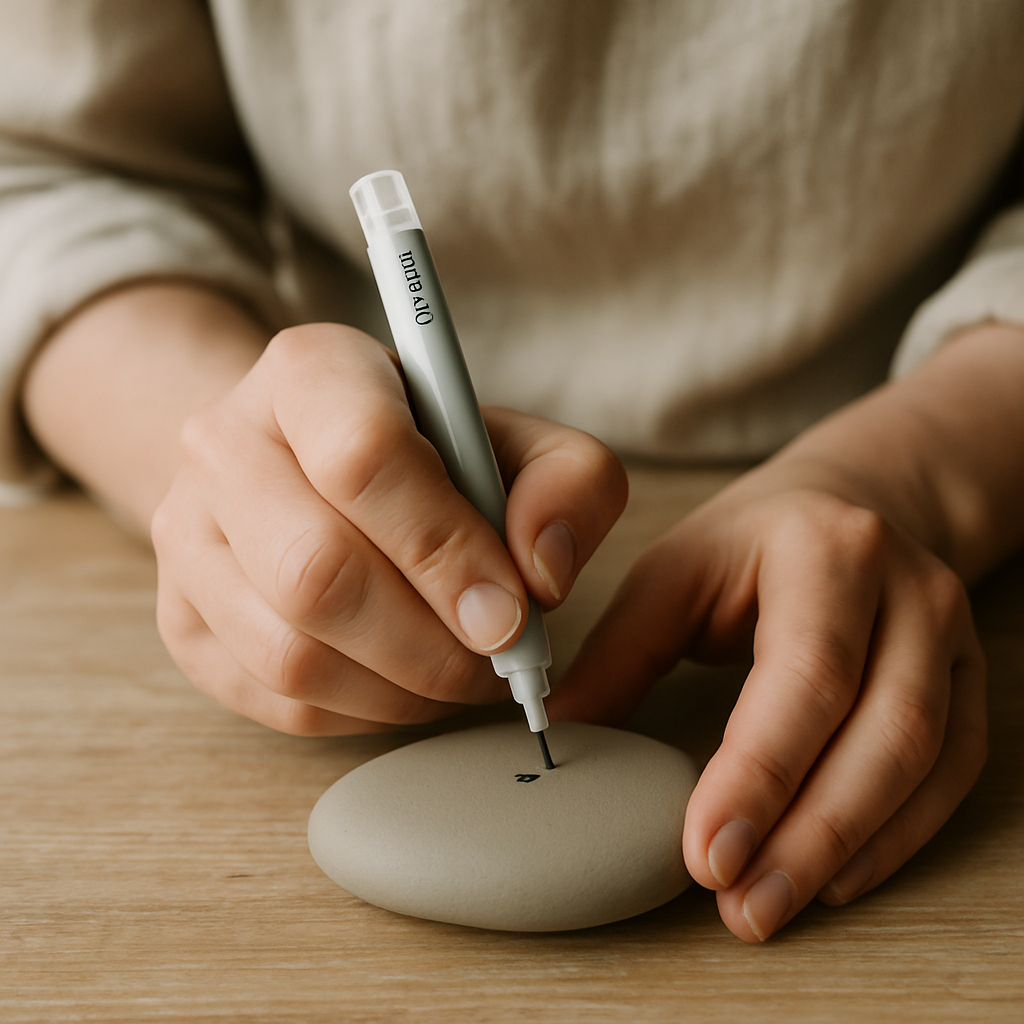 Adult hands use a fine-tip pen to create a precise black dot in the center of a smooth, grey rock for Zen Mandala Stone Art.