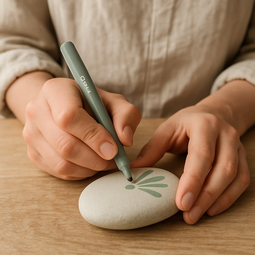 Adult hands use a sage green fine-tip pen to draw elongated teardrop petals on a smooth gray stone, creating Zen Mandala Stone Art.