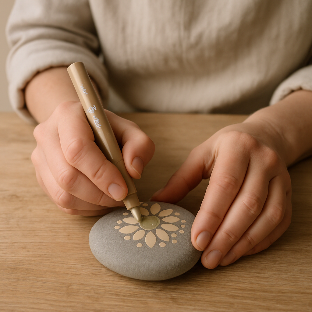 Adult hands use a beige paint pen to add small dots around a light beige teardrop design on a gray Zen Mandala stone.