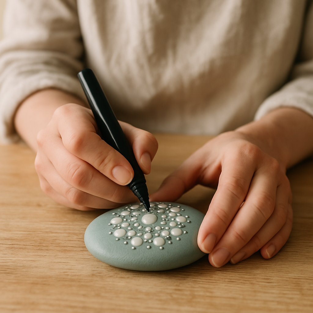 Adult hands use a black paint pen to add small geometric dots to a green Zen Mandala stone, filling spaces between larger white elements.
