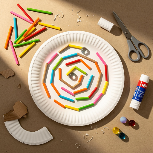 Multiple Paper Plate Marble Maze crafts from above