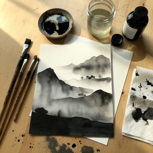 Multiple Abstract Ink Wash Landscapes crafts from above