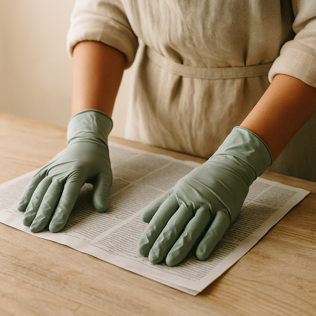 Gloved hands smooth a sheet of newspaper on a pale oak table, setting up a protected surface for Custom Graphic Screen Prints.
