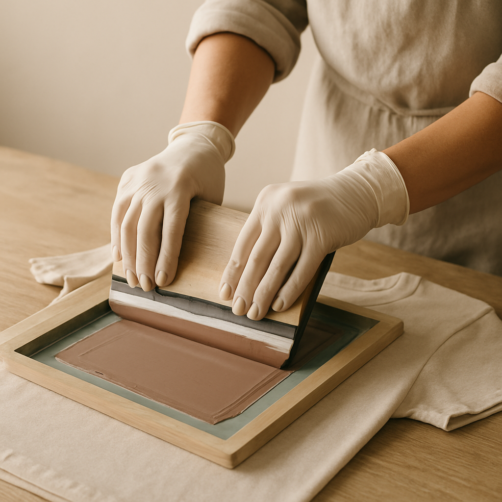 Gloved hands pull a squeegee with muted clay ink across a screen print frame onto a light t-shirt, demonstrating custom graphic screen printing.