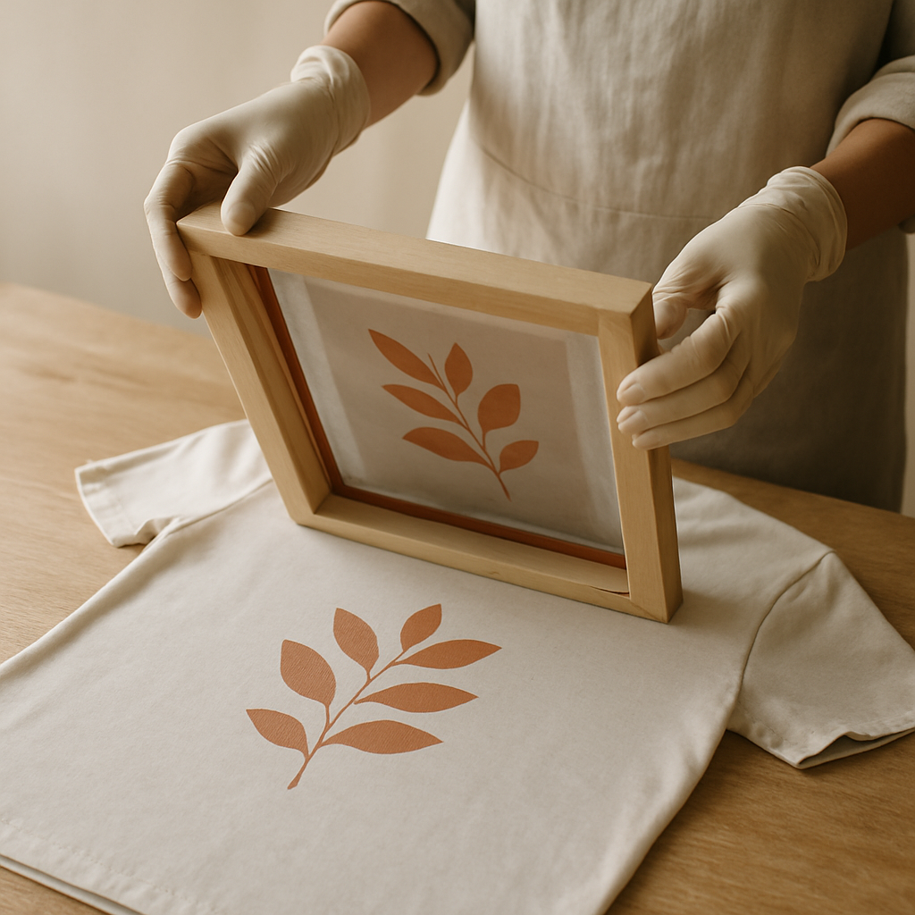 Gloved hands carefully lift a screen printing frame from an oatmeal t-shirt, revealing a crisp, muted clay leaf design.