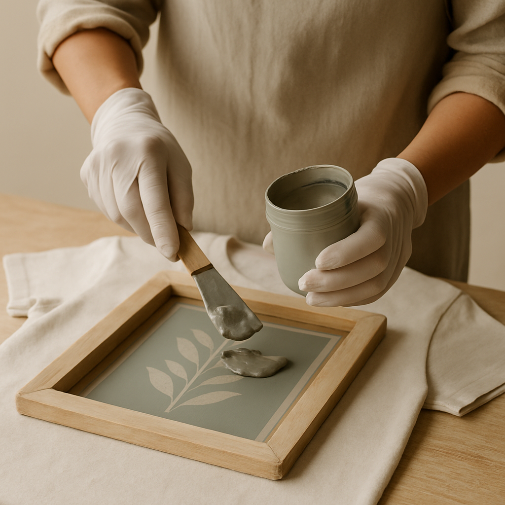 Gloved hands re-apply muted clay fabric ink to a screen printing screen with a spatula, positioned on an oatmeal t-shirt for custom graphic screen prints.