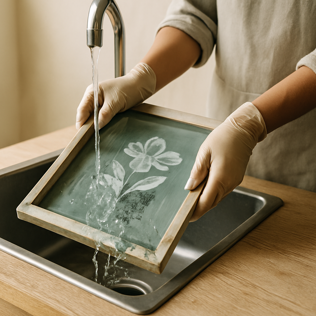 Adult hands in gloves rinse a screen printing screen with a flower design under running water in a sink, washing away ink.