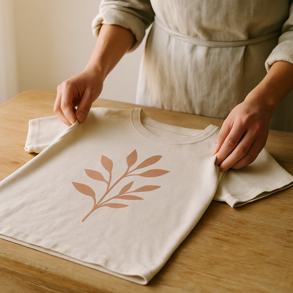 Hands adjust an oatmeal cotton t-shirt with a muted clay leaf screen print on a pale oak table for Custom Graphic Screen Prints.