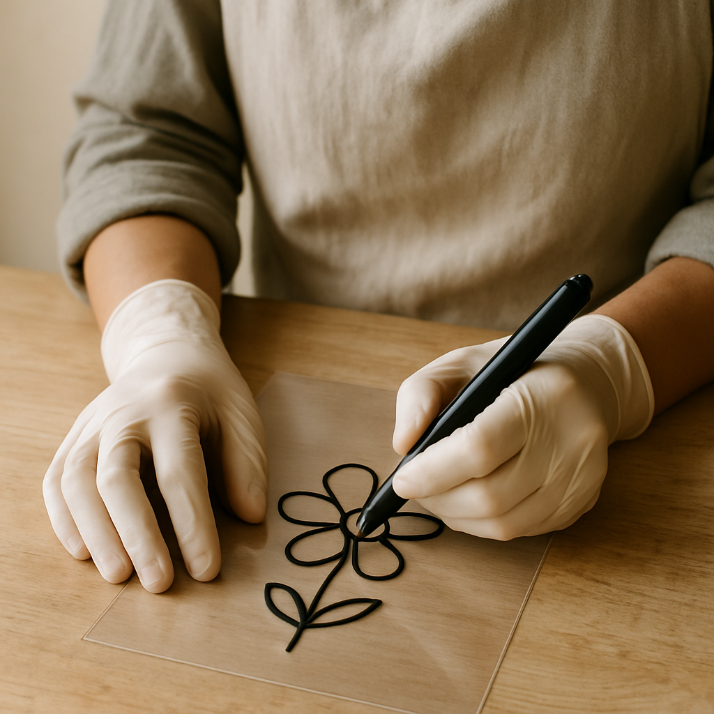 Gloved hands draw a solid black flower design onto clear transparency film with a permanent marker for Custom Graphic Screen Prints.