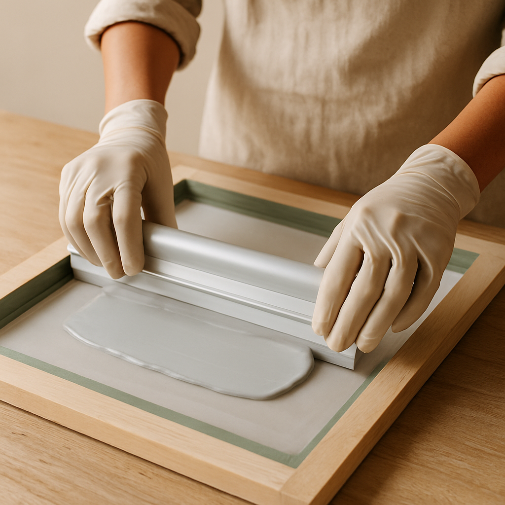 Gloved hands use a scoop coater to apply light grey emulsion to a screen printing screen, preparing it for custom graphic prints.